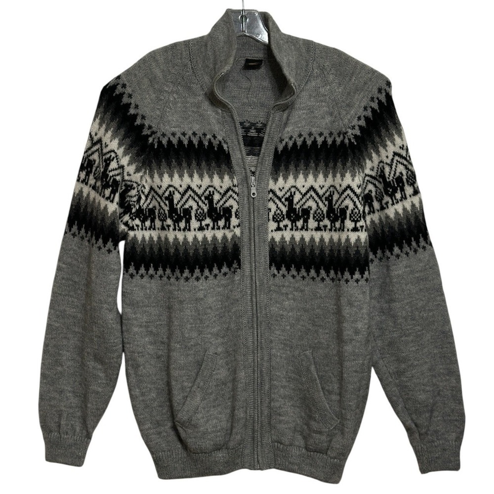 Alpaca Made in Peru Full Zip Cardigan Men Gray Llama Fair Isle Sweater Cozy L - Picture 1 of 6